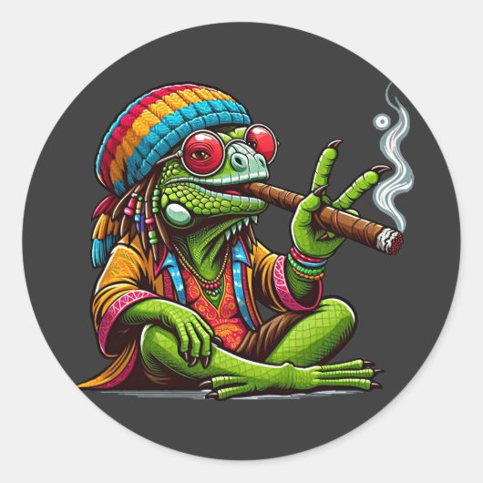 Sticker Rond Joyeux Hippy Iguana Fumer Cigar Art (Devant)