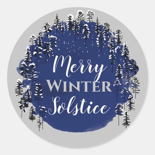 Sticker Rond Joyeux hiver Solstice Bleu et gris Yule Vacances (Devant)