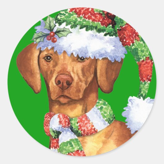 Sticker Rond Joyeux Howlidays Vizsla (Devant)