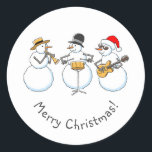 Sticker Rond Joyeux Jazzy Christmas Snowman Funny Jazzband<br><div class="desc">Le chevalet rond mignon Merry Classic présente une illustration de bande dessinée de Jazzband : trois Snowmen jouant d'une jolie chanson de Noël. Grand autocollant pour sceller une enveloppe ou un paquet cadeau à l'occasion de la meilleure saison des Fêtes. N'hésitez pas à me contacter via Zazzle si vous avez...</div>