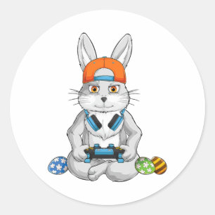 Sticker Rond Joyeux Joueur d'Oeufs de Lapin de Pâques