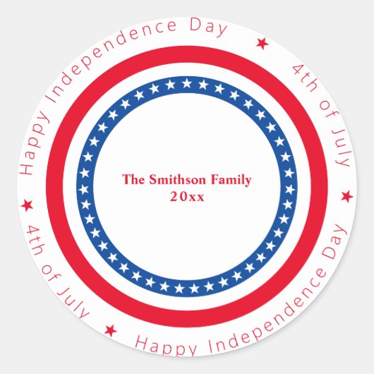 Sticker Rond Joyeux Jour de l'Indépendance Rouge Blanc Bleu (Devant)