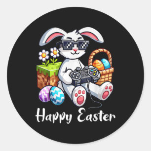 Sticker Rond Joyeux Jour de Pâques Jeu Vidéo Oeuf Bunny Enfants