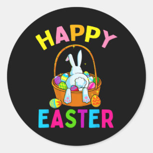 Sticker Rond Joyeux Jour de Pâques Lapin Chasse Oeufs Chocolat