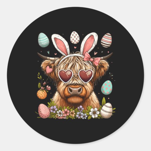 Sticker Rond Joyeux Jour de Pâques Vache des Hautes-Terres Lapi (Devant)