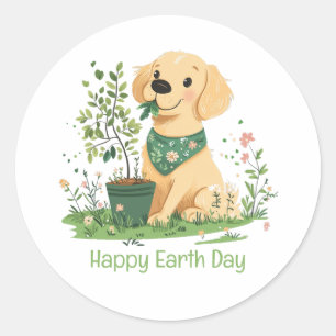 Sticker Rond Joyeux Jour des terres Golden Retriever Dog Garden