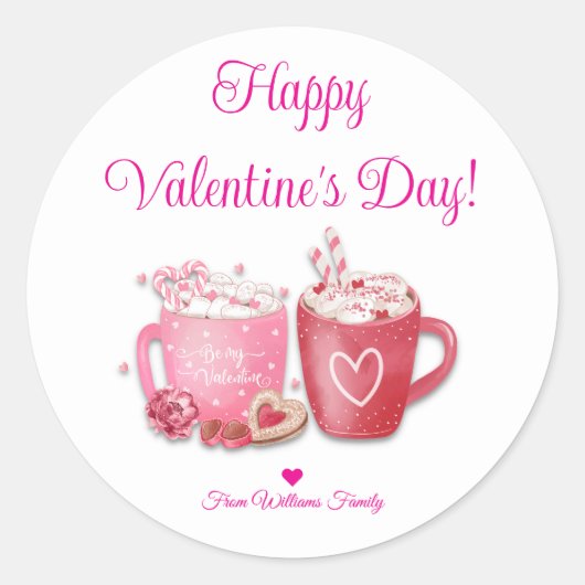 Sticker Rond joyeux jour des valentines, chocolat chaud rose (Devant)