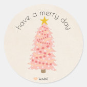 Sticker Rond Joyeux Jour Personnalisé Nom Pink Christmas Tree (Devant)