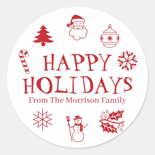 Sticker Rond Joyeux jours fériés rouge blanc nom personnalisé m (Devant)