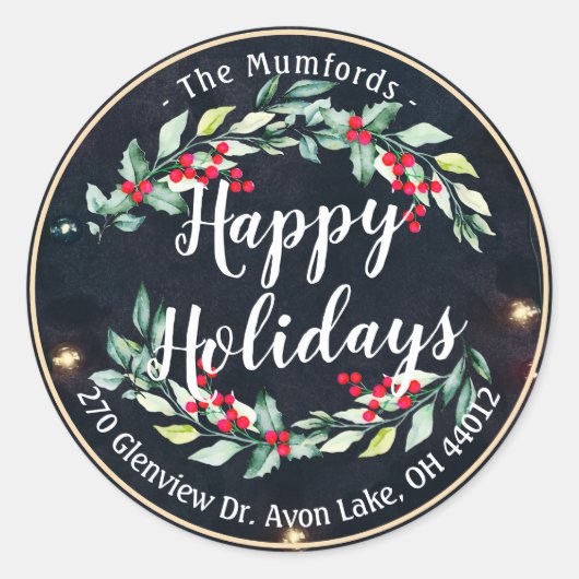 Sticker Rond Joyeux Joyeux Noël Holly Floral Adresse (Devant)