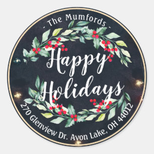 Sticker Rond Joyeux Joyeux Noël Holly Floral Adresse
