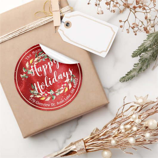 Sticker Rond Joyeux Joyeux Noël Holly Floral Adresse
