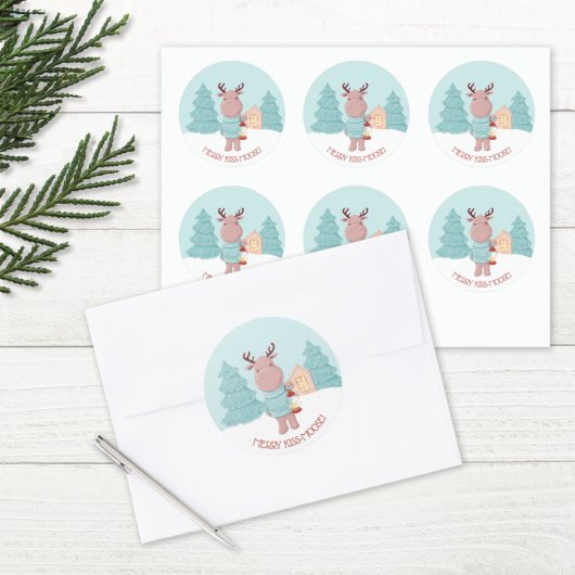 Sticker Rond Joyeux Kiss Moose Drôle Noël