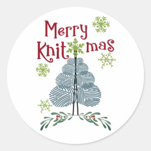 Sticker Rond Joyeux Knitmas Fils de Noël Arbre Tricot Fête