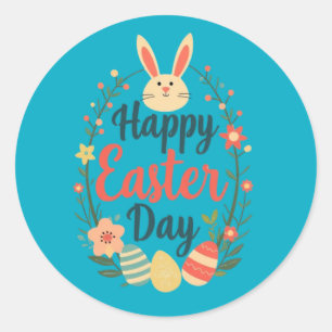 Sticker Rond Joyeux lapin et oeufs de Pâques