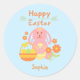 Sticker Rond Joyeux lapin rose de Pâques et fleurs Classic Rou