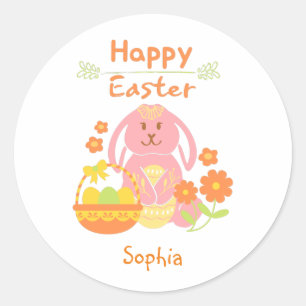Sticker Rond Joyeux lapin rose de Pâques et fleurs Roun classiq