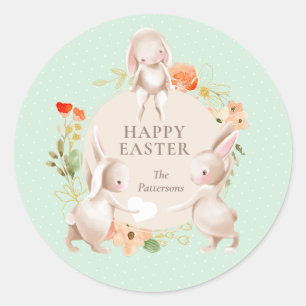 Sticker Rond Joyeux lapins lapins de Pâques Floral Personnalisé