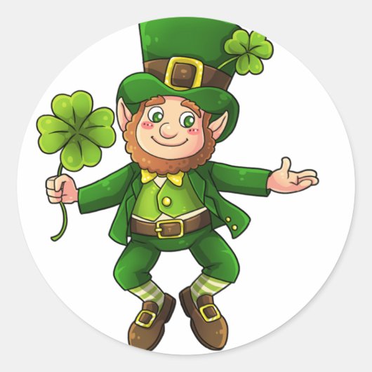 Sticker Rond Joyeux Leprechaun et Shamrock (Devant)