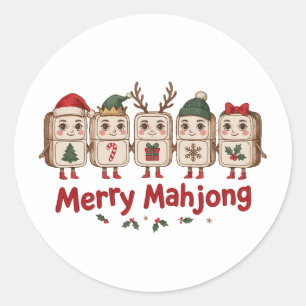 Sticker Rond Joyeux Mahjong Noël Tuiles Chapeau de Père Noël Re