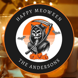 Sticker Rond Joyeux Meoween Reaper Chat effrayant Halloween