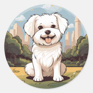 Sticker Rond Joyeux mignon adorable Chien maltais joyeux Chien 
