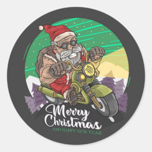 Sticker Rond Joyeux motard de Noël Père Noël Classic Round Stic