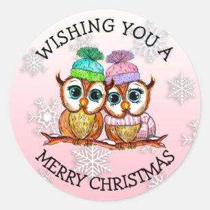 Sticker Rond Joyeux Noël à Couple de Chouette