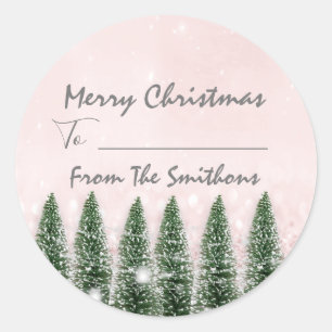 Sticker Rond Joyeux Noël à..De Nom Rustic Tree Pink