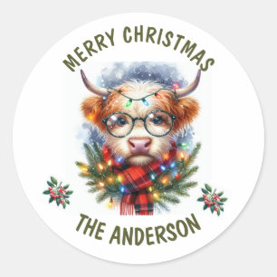 Sticker Rond Joyeux Noël à la vache mignonne