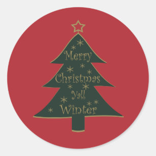Sticker Rond Joyeux Noël à tous arbre de pin décoré