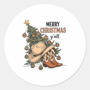 Sticker Rond Joyeux Noël à tous Bottes de Cowboy Occidental Cha