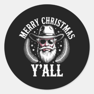Sticker Rond Joyeux Noël à tous Cowboy Santa Ouest Occidental