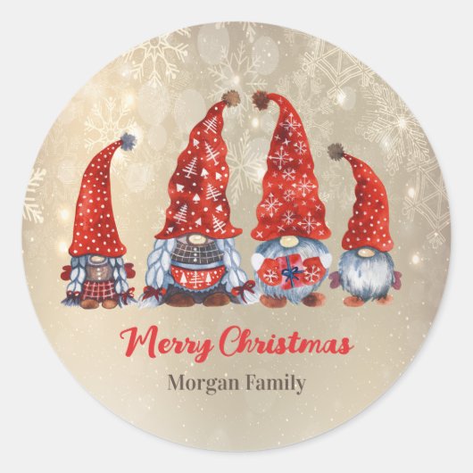 Sticker Rond Joyeux Noël, Adorable Gnomes rouges (Devant)