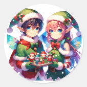 Sticker Rond Joyeux Noël Anime Elves Vacances (Devant)