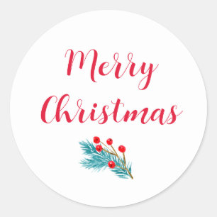 Sticker Rond Joyeux Noël Aquarelle Épinette et Baies rouges