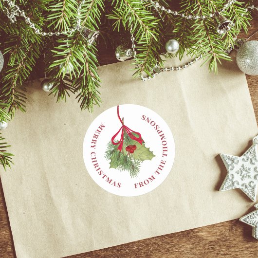 Sticker Rond Joyeux Noël Aquarelle Holly Berries Verdure