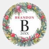 Sticker Rond Joyeux Noël Aquarelle Nom de la couronne Monogramm (Devant)