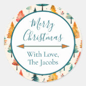 Sticker Rond Joyeux Noël | Aquarelle Pine Arbres Noël (Devant)