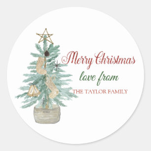Sticker Rond Joyeux Noël, Aquarelle Pine Tree, Étoile