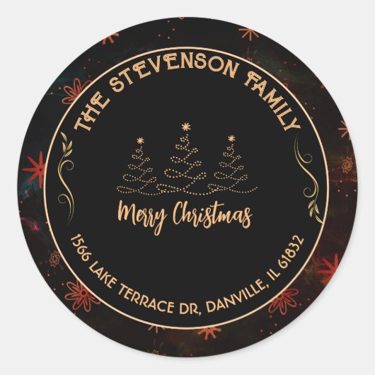 Sticker Rond Joyeux Noël Arbre Noir & Gold Festive (Devant)
