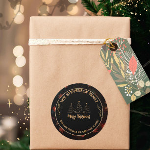 Sticker Rond Joyeux Noël Arbre Noir & Gold Festive