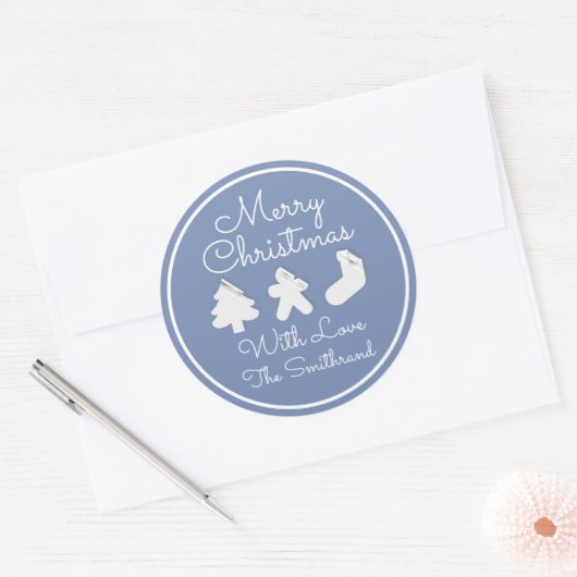 Sticker Rond Joyeux Noël Arbre Nom Bleu Blanc encadré (Enveloppe)