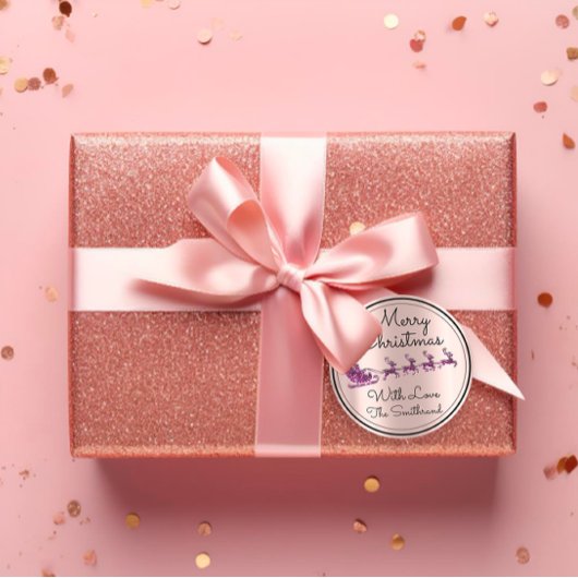 Sticker Rond Joyeux Noël Arbre Nom Rose Père Noël Sleigh Purple