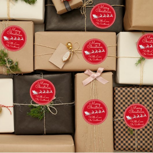 Sticker Rond Joyeux Noël Arbre Nom Rouge Argent Père Noël Sleig