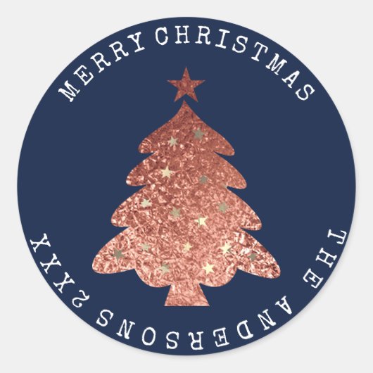Sticker Rond Joyeux Noël Arbre Rose Gold Blue Navy (Devant)