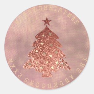 Sticker Rond Joyeux Noël Arbre Rose Gold Linen Sepia