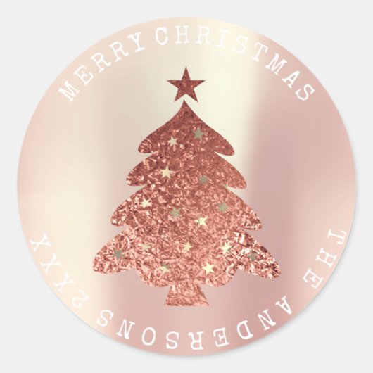 Sticker Rond Joyeux Noël Arbre rose Or Rose Pearly Pastel (Devant)