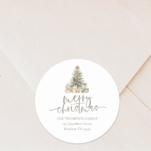 Sticker Rond Joyeux Noël Arbre Sage Script Adresse de retour