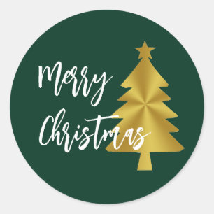 Sticker Rond Joyeux Noël Arbre vert Or et blanc Script